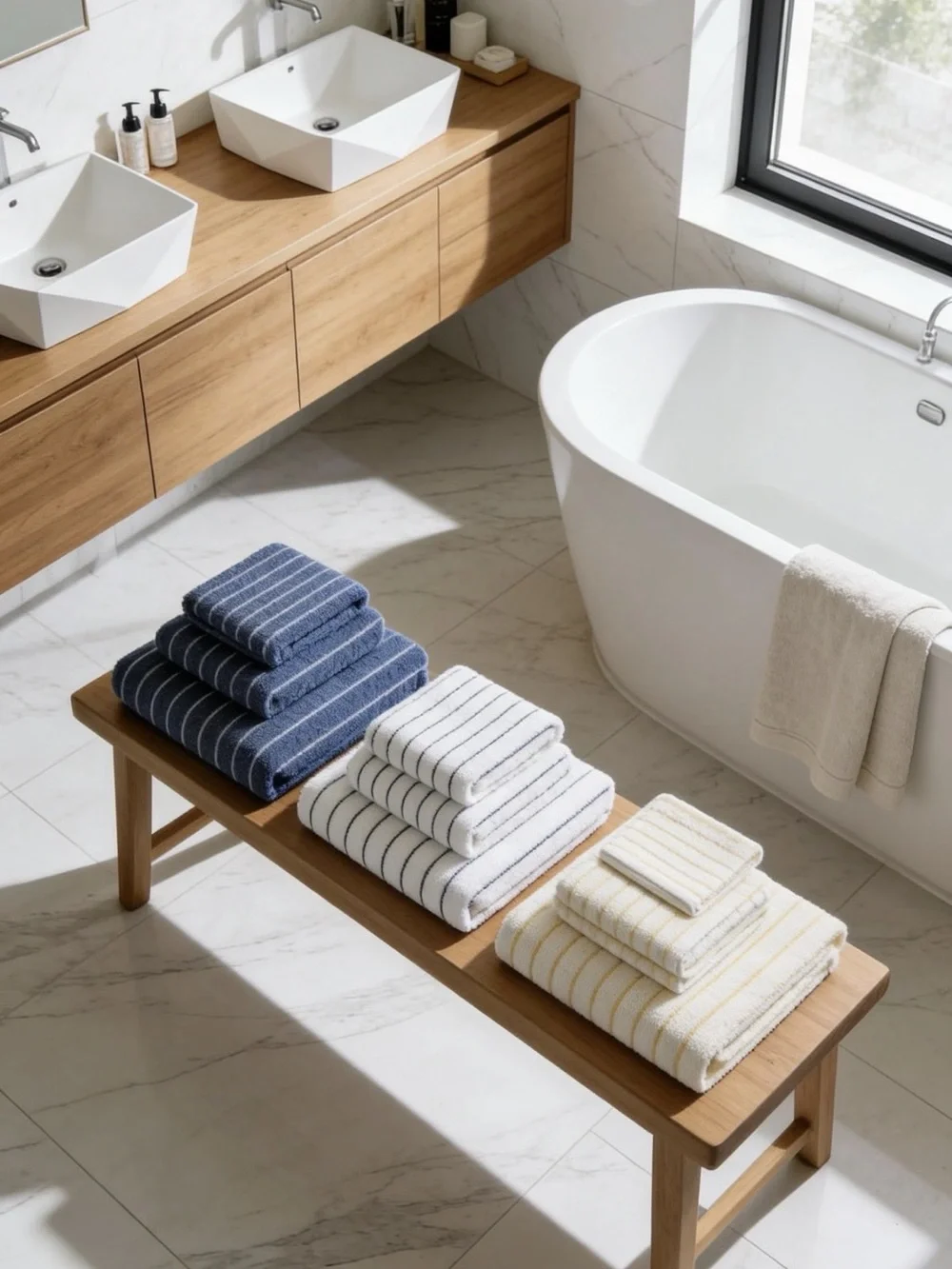 Striped Cotton Bath Towel Set - Navy, White, Cream